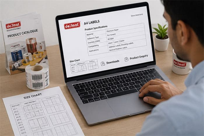 Desmat product specifications and size charts being reviewed on a laptop