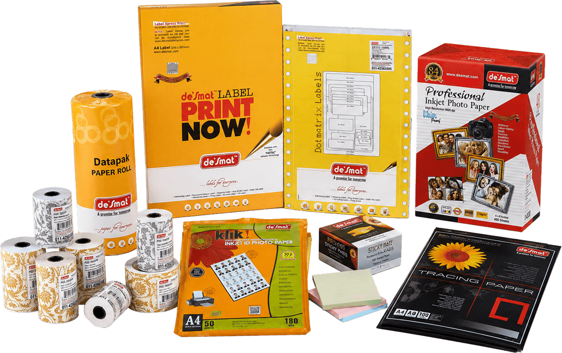 Desmat labels, inkjet media, POS rolls and office stationery arranged together