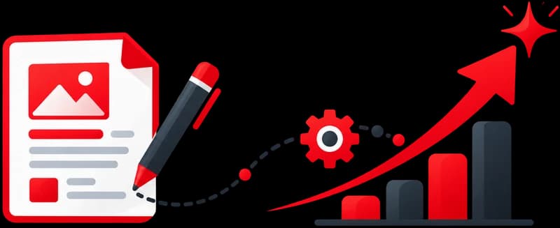 A design being drafted with a pen, passing through a gear into rising growth
