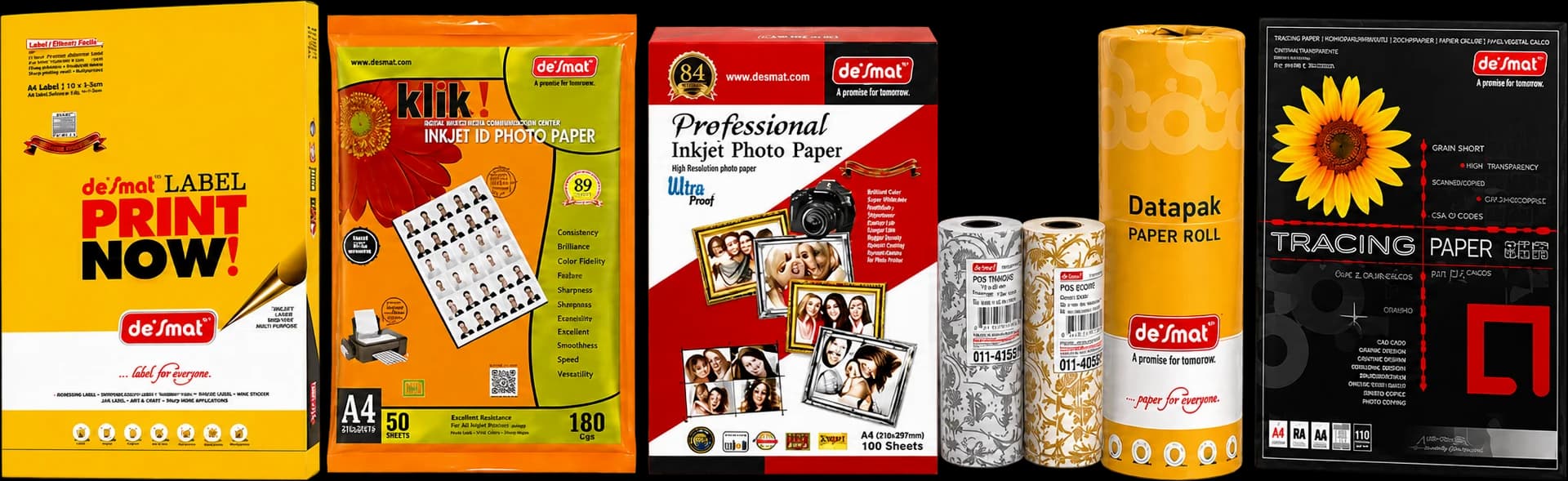 Desmat products: Print Now A4 label sheets, Klik inkjet ID photo paper, professional inkjet photo paper, POS paper rolls, a Datapak paper roll and tracing paper