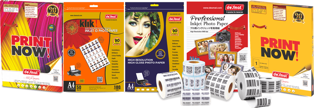 Desmat product range: label sheets, inkjet photo papers and barcode label rolls