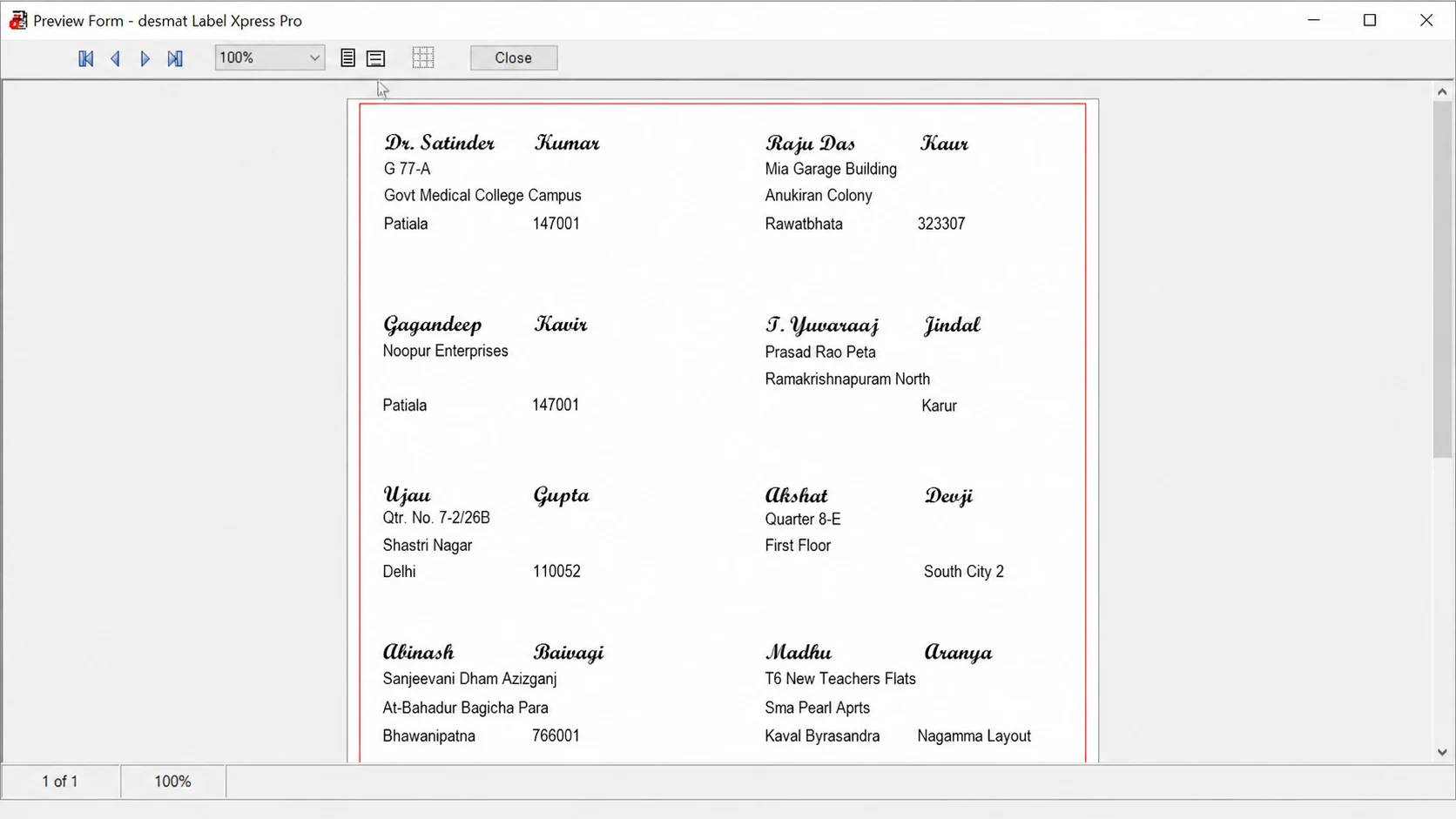 The preview of a full sheet of address labels, each with a different name and address