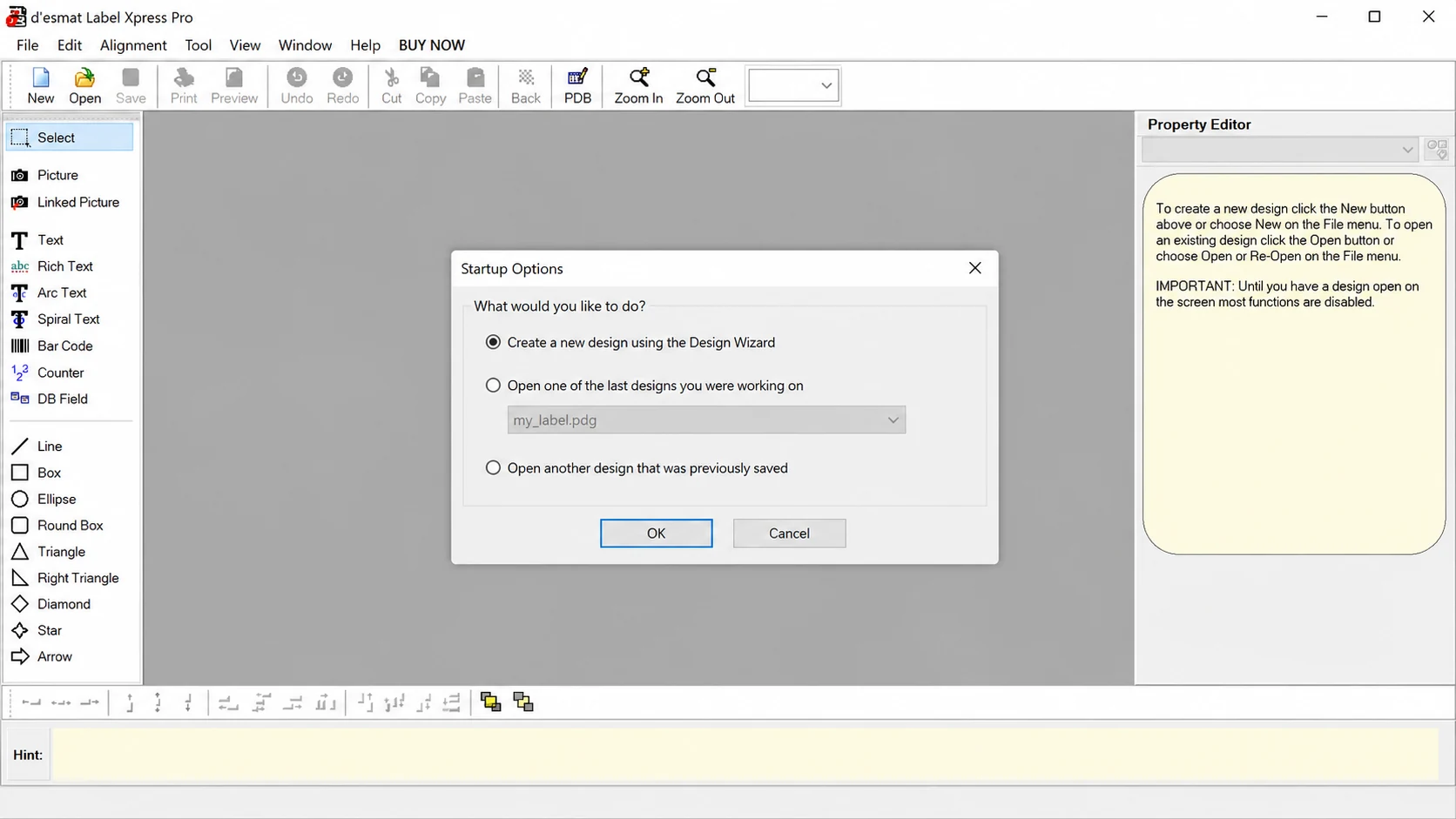 LabelXpress Pro Startup Options, offering to create a new design with the Design Wizard or open a previous design