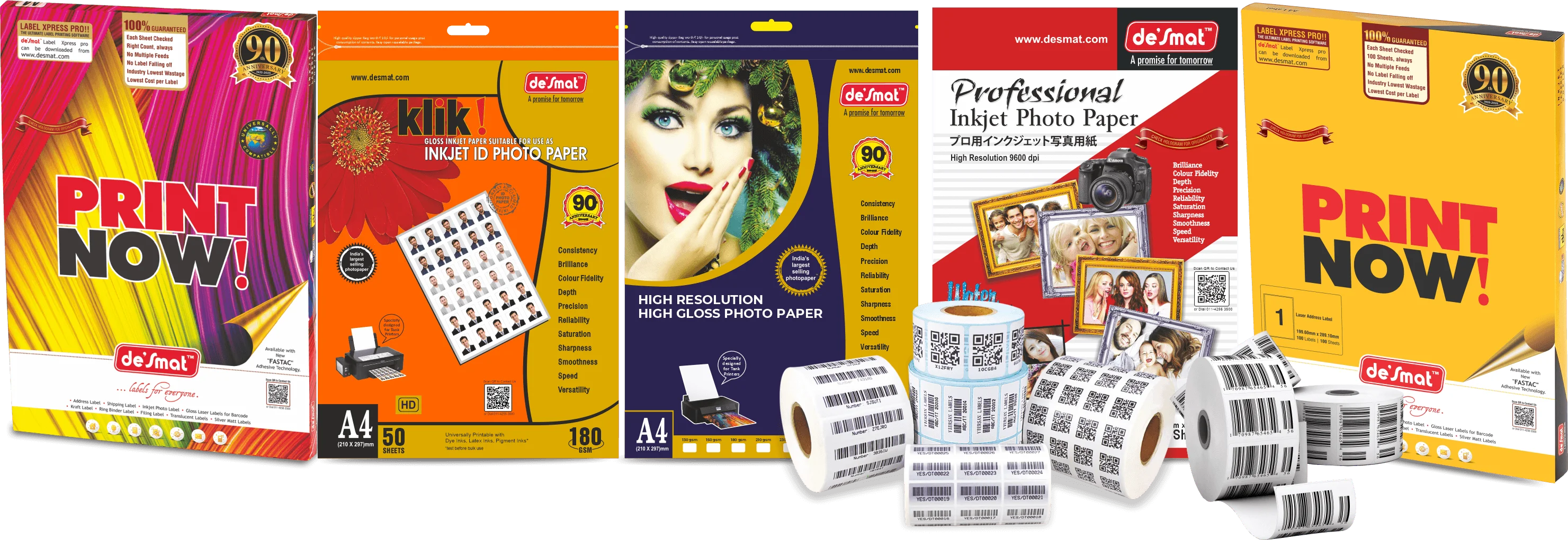 Desmat product range including A4 label sheets, inkjet photo paper packs, barcode label rolls and POS thermal paper rolls