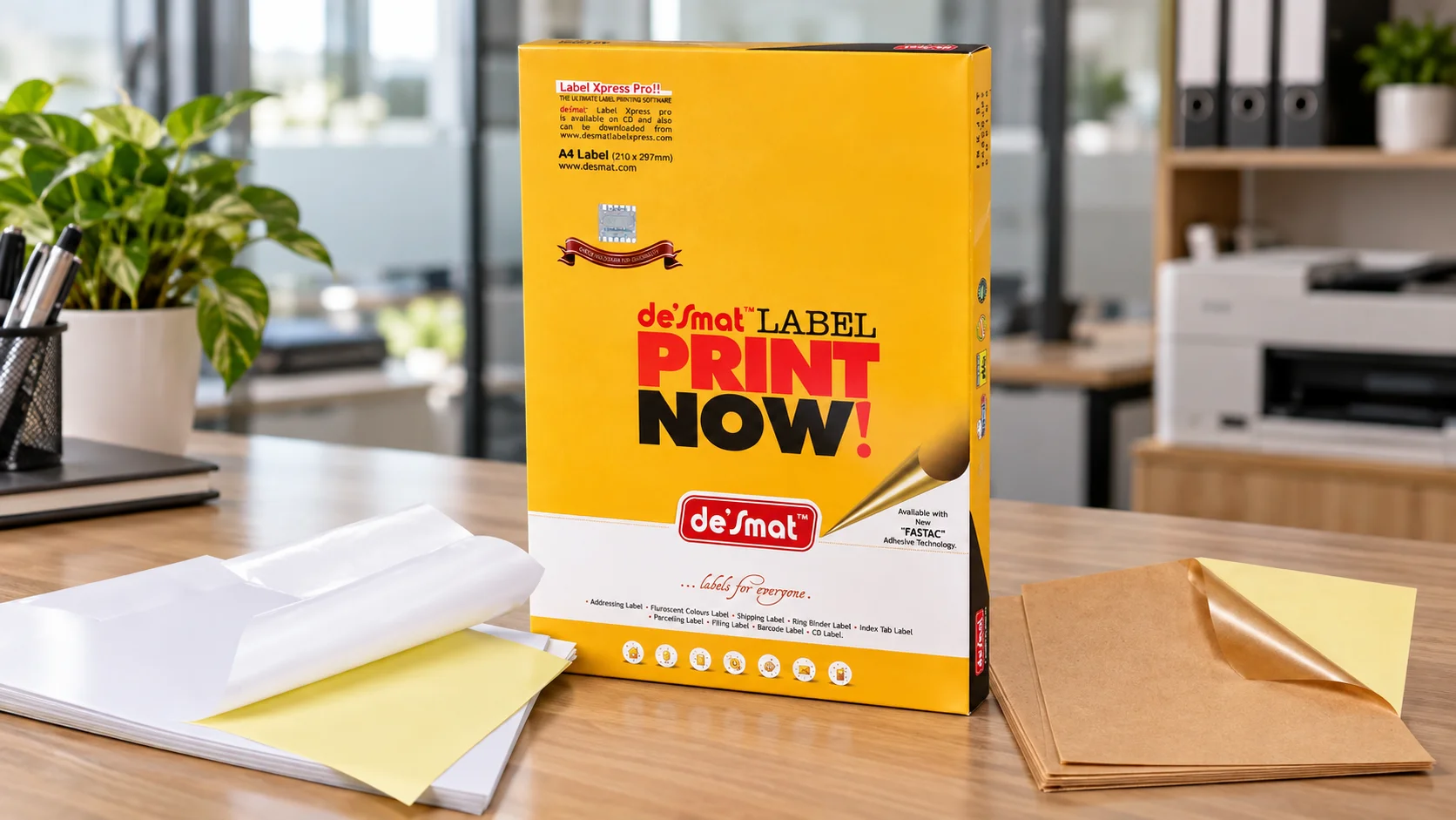 Desmat A4 label sheets, shipping, parcel, address and fluorescent label boxes with printed labels
