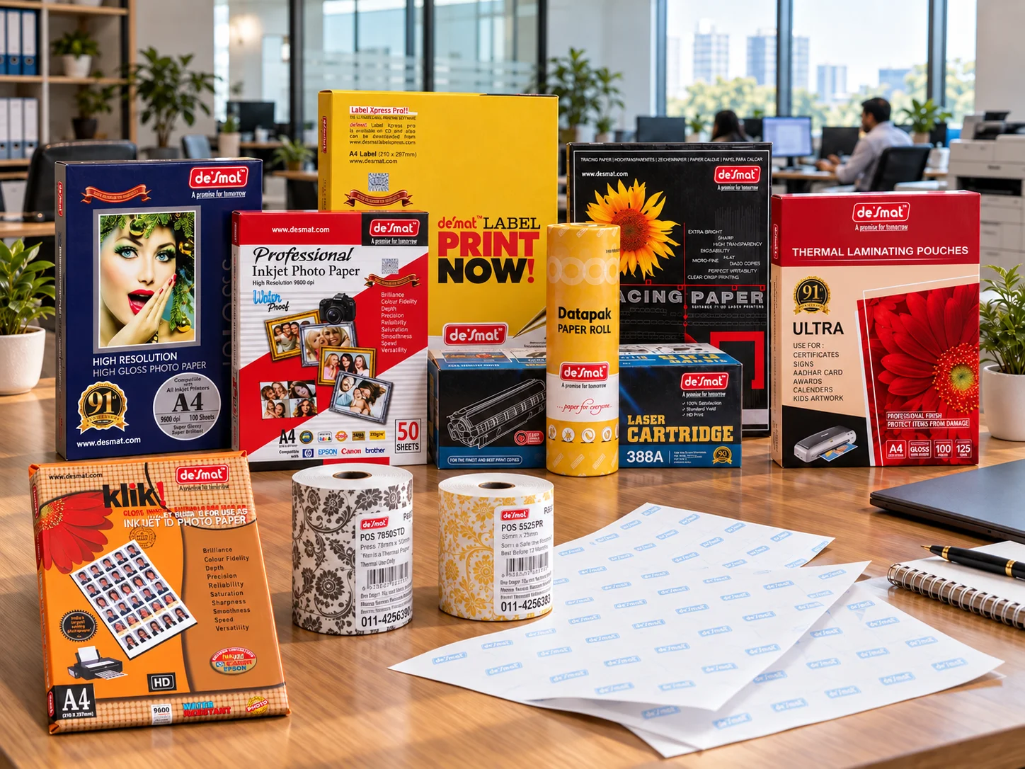 Desmat products on an office desk: A4 label sheets, inkjet and ID photo paper, tracing paper, laminating pouches, a laser cartridge and paper rolls