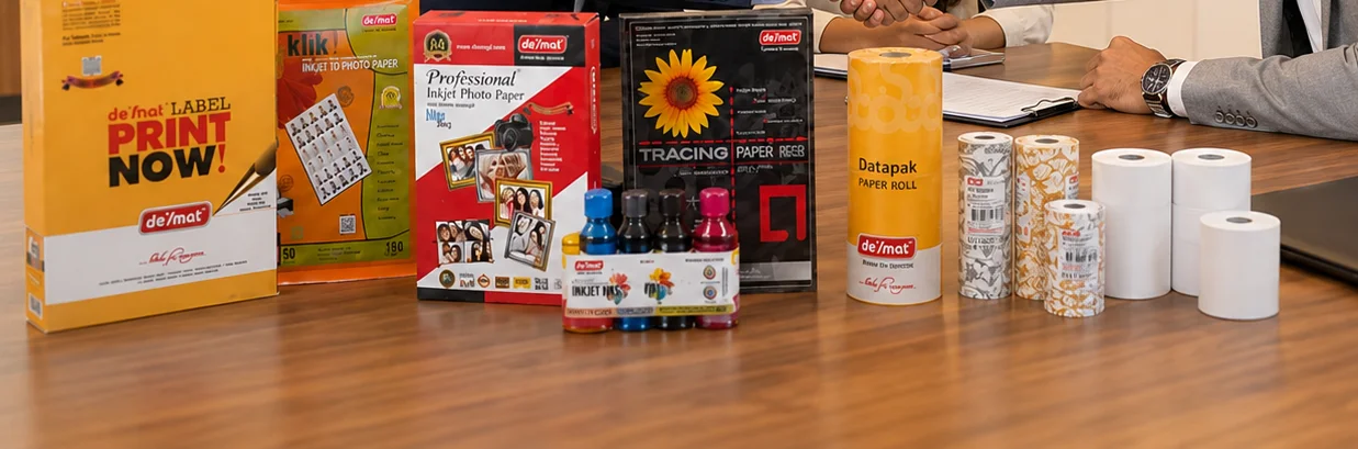 Desmat label sheets, photo paper, inkjet inks, tracing paper and paper rolls on a business meeting table