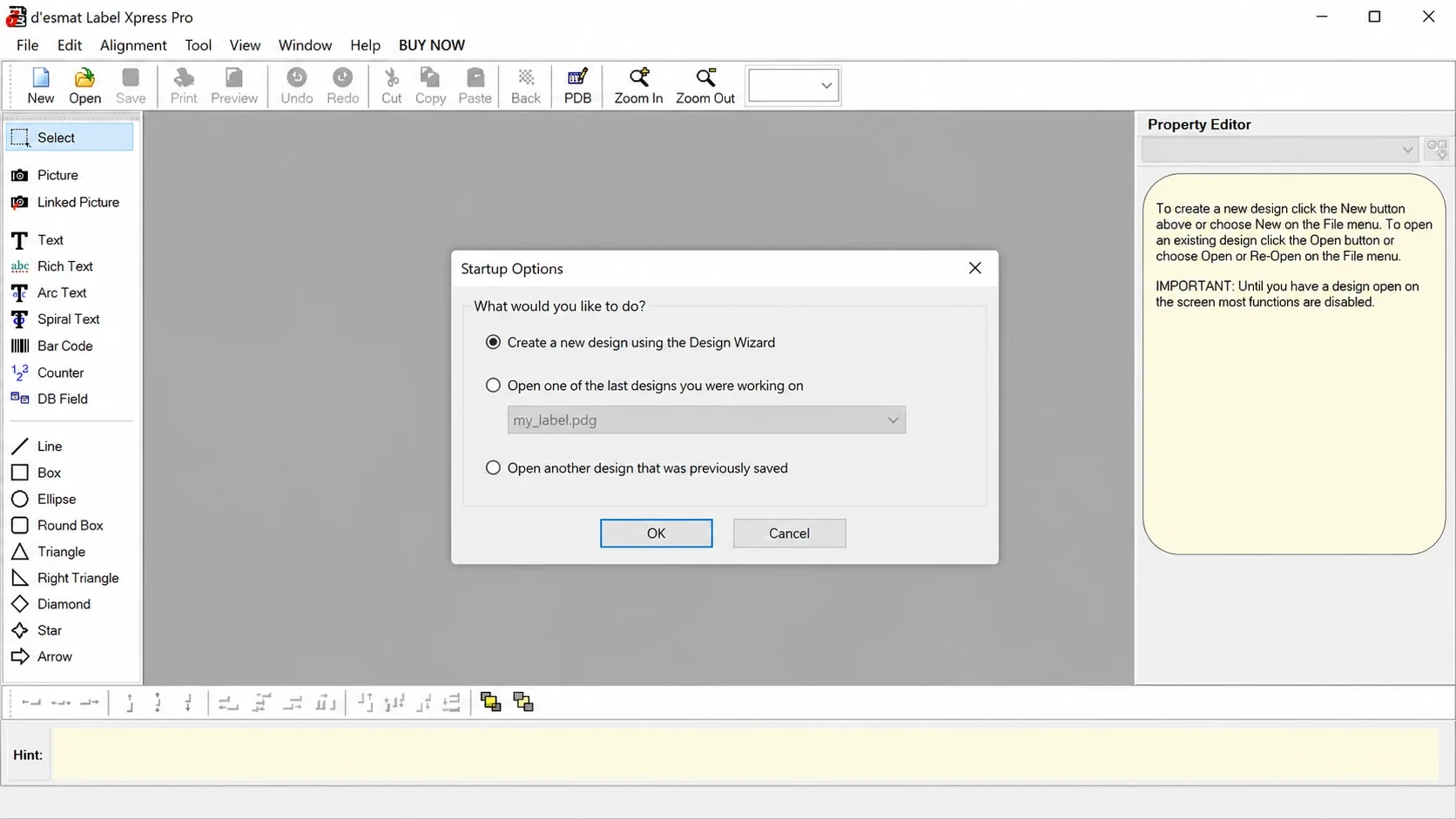 LabelXpress Pro as it opens, asking whether to create a new design with the Design Wizard or open a saved one